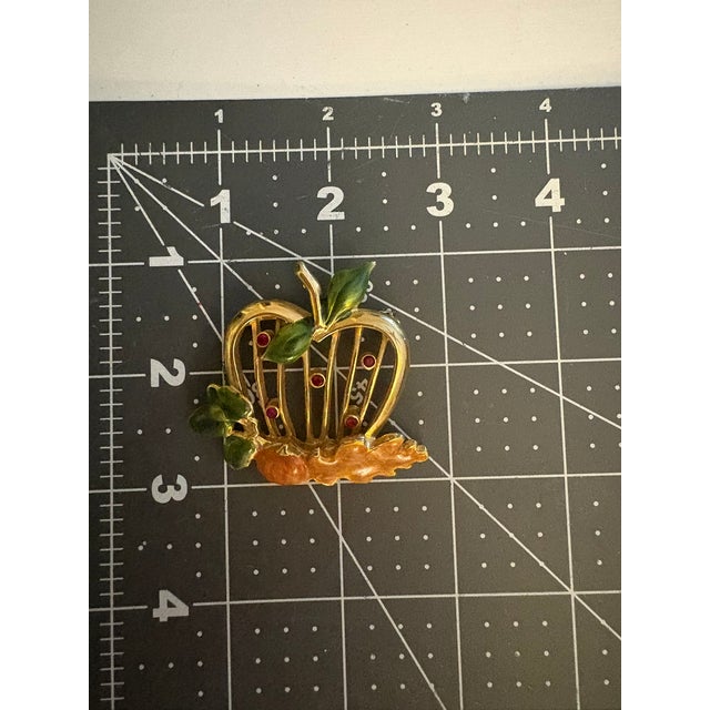 Mid-Century Modern Vintage Enamel Apple Acorn and Oak Leaf Rhinestone Brooch For Sale - Image 3 of 9