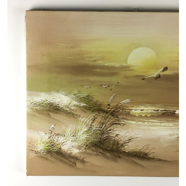 Vintage oil painting created with scenes of birds and beach, with the sun setting in the background. Very nicely depicted...