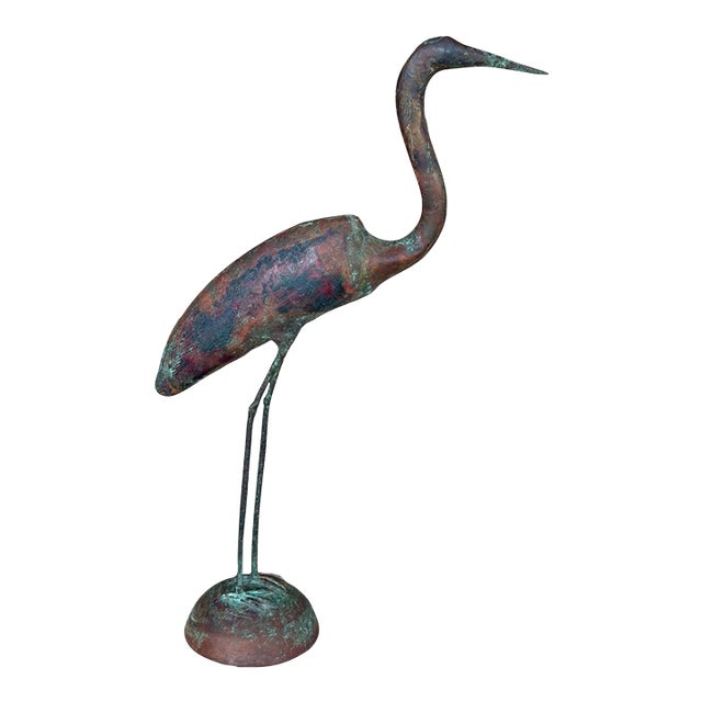 Vintage Handcrafted Copper Heron Sculpture With Verdigris Patina For Sale