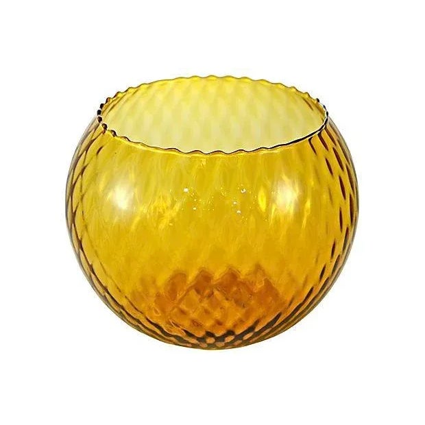 Large vintage amber Italian Empoli-style blown optic glass ball vase with a softly waved rim. No maker's mark.