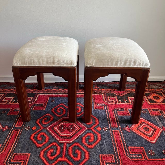 1980s Pair of Vintage Ethan Allen Asian-Inspired Upholstered Stools - A Pair For Sale - Image 5 of 9
