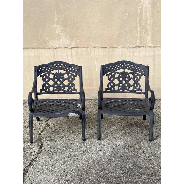 Mediterranean Cast Aluminum Mediterranean Tuscan Scrolling Garden Patio Club Chairs - A Pair For Sale - Image 3 of 12