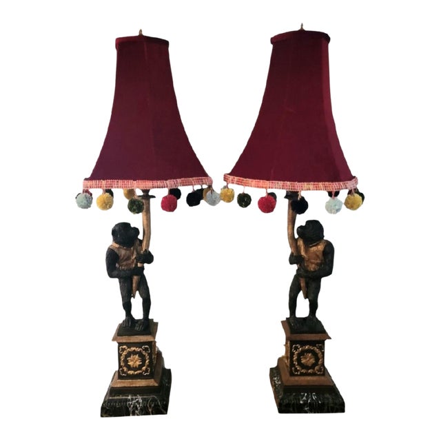 Vintage Customized Palm Beach Regency Monkey Parasol Marble Base Ball Fringe Table Lamps- A Pair For Sale