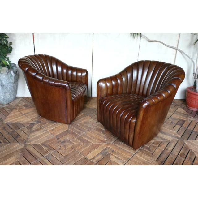 Martin Brattrud Vintage Pair of Brown Leather Channel-Tufted Club Chairs — Martin/Brattrud, 1987 For Sale - Image 4 of 18