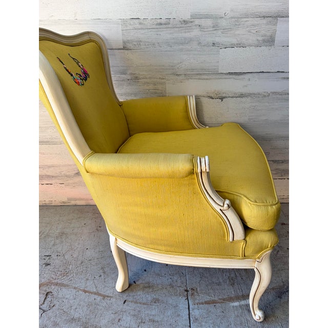French Vintage Yellow Silk Armchair For Sale - Image 3 of 6