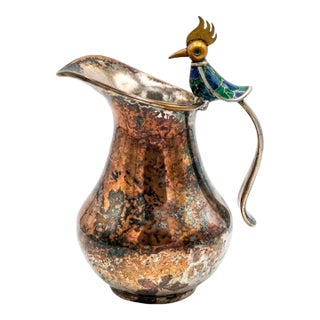 Vintage Los Castillo Taxco Silver Plate & Copper Mixed Metal Bird Pitcher Mosaic Inlay For Sale