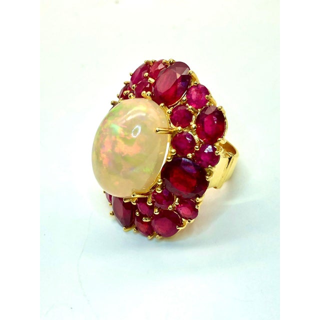 Bochic "Capri" Vintage Fire Opal & Ruby Cluster Ring Set In 18K Gold & Silver Rose Cut Natural Red Rubies - 9 Carats...
