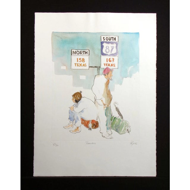 "Travellers" by William Papas Hand Colored Drypoint Etching Hand signed and painted with watercolors by the artist Paper...