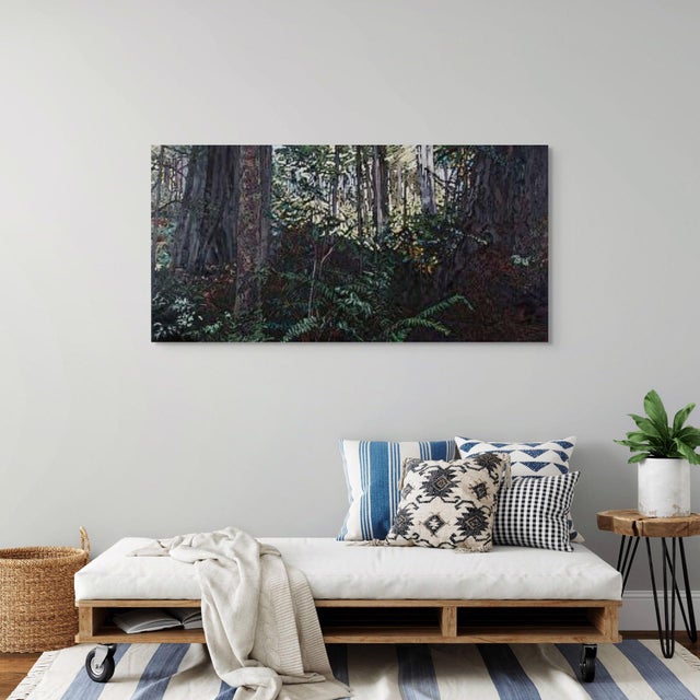 Deep in the Quiet by Deb Komitor | Oil Painting of a serene forest scene with trees and ferns For Sale - Image 4 of 5