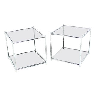 Pair of Cube Shape Chrome Faux Bamboo Frame End Tables Smoked Glass Top MINT! For Sale