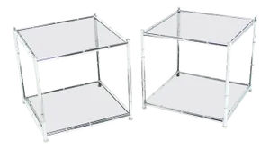 Pair of Cube Shape Chrome Faux Bamboo Frame End Tables Smoked Glass Top MINT!