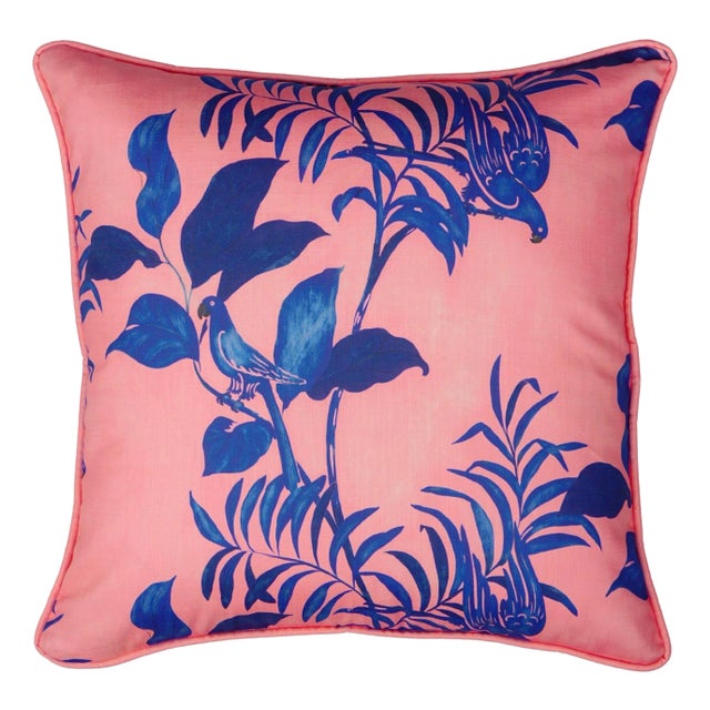 Paule Marrot Parrots Pillow Cover in Pink and Blue For Sale