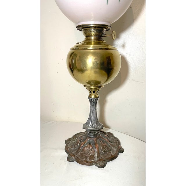 Large Antique Ornate 1800s Brass Glass Electrified Oil Table Parlor Banquet Lamp For Sale - Image 4 of 12