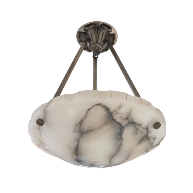 1930s French Art Deco Alabaster Pendant Light, White W/ Charcoal Grey Veining For Sale - Image 9 of 17