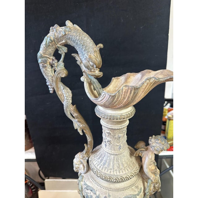 Late 20th Century Vintage Cast Metal Figural Ewer With Cherub & Marble Base, 24” For Sale - Image 5 of 10