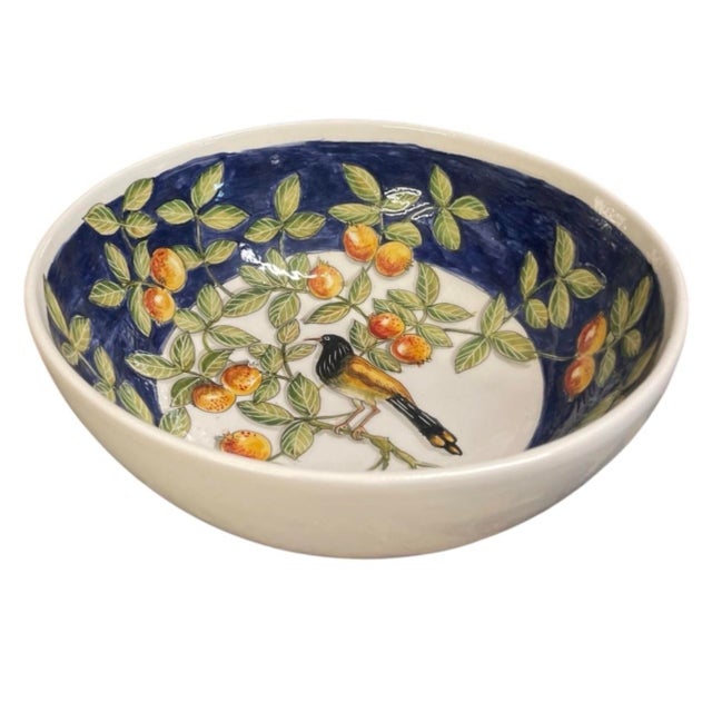 Ceramic Vintage Hand-Painted Ceramic Fruit & Songbird Large Serving Bowl For Sale - Image 7 of 12