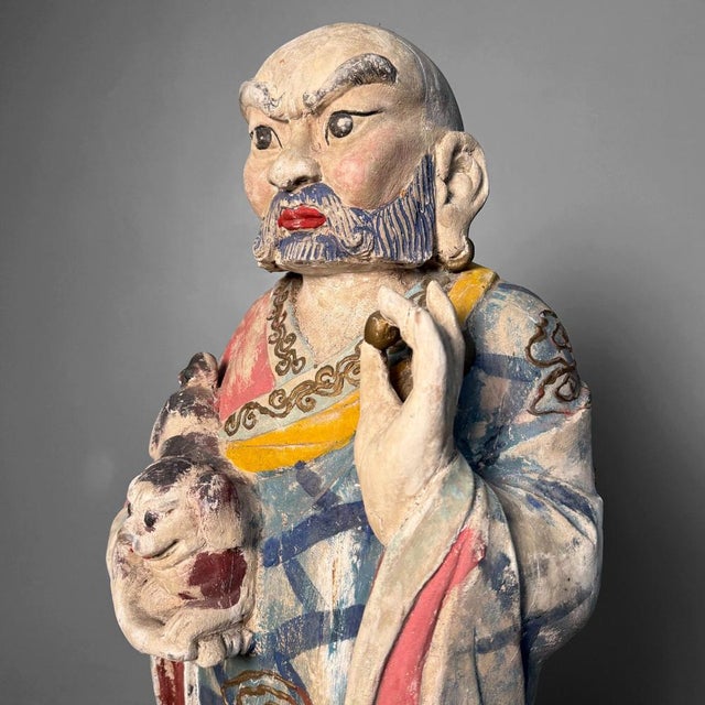 Large Polychrome Wooden Temple Figures on Lotus Bases, Korea, 19th Century, Set of 2 For Sale - Image 16 of 18