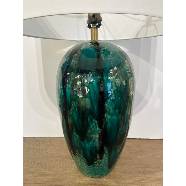 Textile Modern Emerald Drip Glaze Ceramic Ceralene Table Lamp For Sale - Image 7 of 7