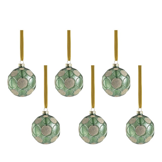 Green Matte Frosted Serenity Glass Ball Ornaments with Gold Glitter - Set of 6, 3.25" For Sale