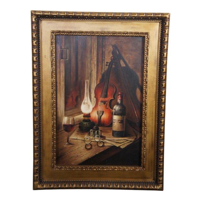 Musician at Night Violin Wine Still Life Oil Painting on Canvas 47" For Sale