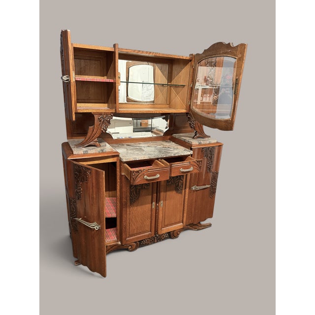Art Nouveau Buffet in Oak with Marble, Cut Glass and Floral Carvings, 1910 For Sale - Image 6 of 9