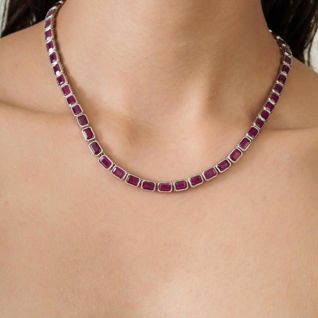 Ruby Red Antique Style 40.41ct Natural Ruby Line Necklace for Women in 925 Silver For Sale - Image 8 of 12