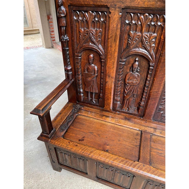 Antique English Gothic Hall Bench Carved Oak Medieval Knights Settle C1880 For Sale - Image 16 of 18