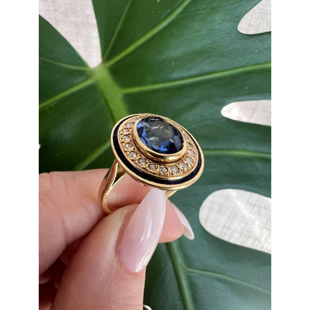 1960s Vintage Halo Ring, 18k Yellow Gold, Certified No-Heat Ceylon Sapphire 2cts For Sale - Image 6 of 6