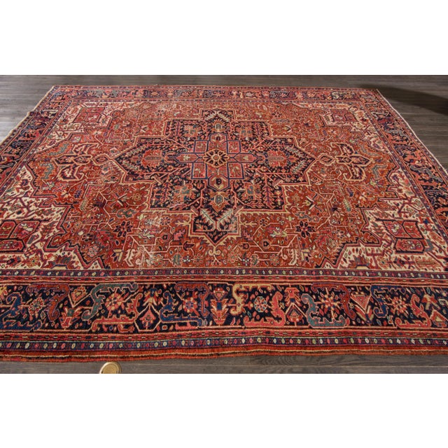 Textile 9 X 11 Vintage Persian Heriz Hand-Knotted Allover Wool Rug in Rust Color For Sale - Image 7 of 12