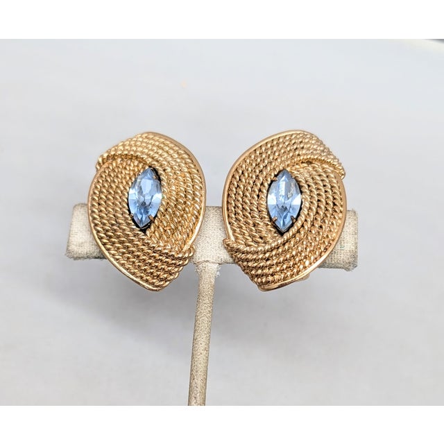 Napier Vintage 1950s Signed Napier Goldtone Faux-Aquamarine Clip Earrings-2 Pieces For Sale - Image 4 of 8