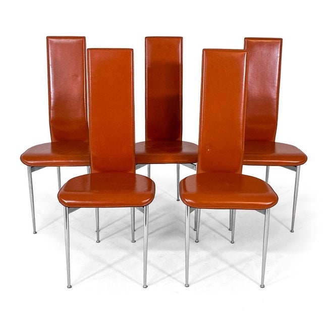 Italian 1980s Set of (5) Attributed to Giancarlo Vegni Model S44 "Cognac" Leather Italian Dining Chairs For Sale - Image 3 of 11