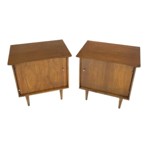 Pair of Light Walnut One Door Nightstands End Side Tables Tapered Legs