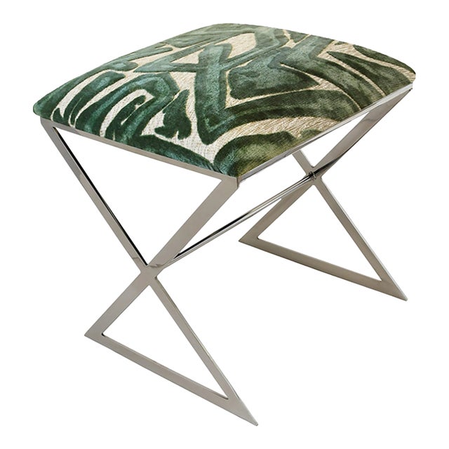 Matthew Izzo Home X Side Polished Nickel and Sea Glass Fabric Stool For Sale
