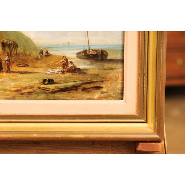 Brown French 19th Century Framed Oil On Panel Painting Depicting a Village by the Sea For Sale - Image 8 of 12