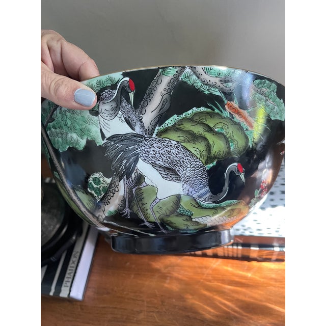 Black Vintage Black Chinese Bowl With Cranes For Sale - Image 8 of 12