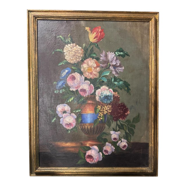 Antique Gold Framed Bouquet of Flowers in Urn Still Life Oil Painting on Canvas For Sale