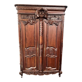 Antique Carved Mahogany French Dove Wreath Wedding Armoire For Sale