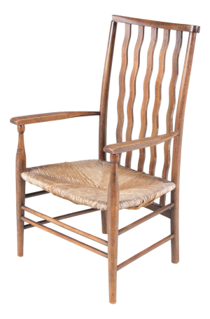 Small Arts & Craft Movement Low Spindlers Back Hearth Side Chair with Wicker Seat by Morris & Co for Liberty and Co Stowaway, London, 1930s