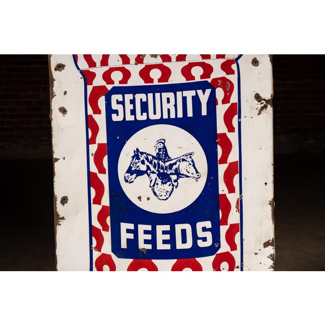 American Vintage Security Feeds Porcelain Advertising Sign by Post Sign Co. For Sale - Image 3 of 7