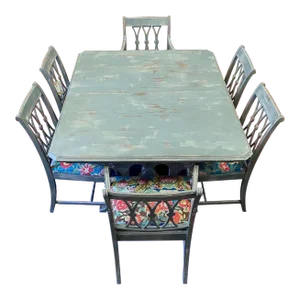 1900s Antique Dining Trestle Table and 6 Chairs - Set of 7
