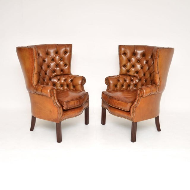 Antique Leather Barrel Back Wing Armchairs, 1920s, Set of 2 For Sale - Image 3 of 8