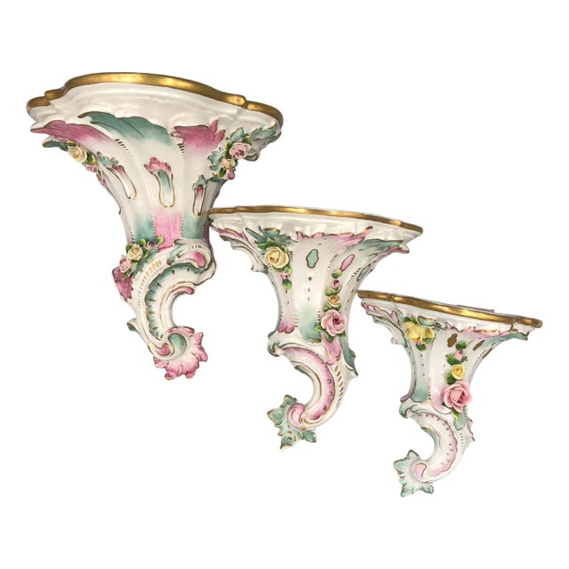 Rococo Hand-Painted Porcelain Wall Consoles from Kämmer, Dresden, Set of 3 For Sale