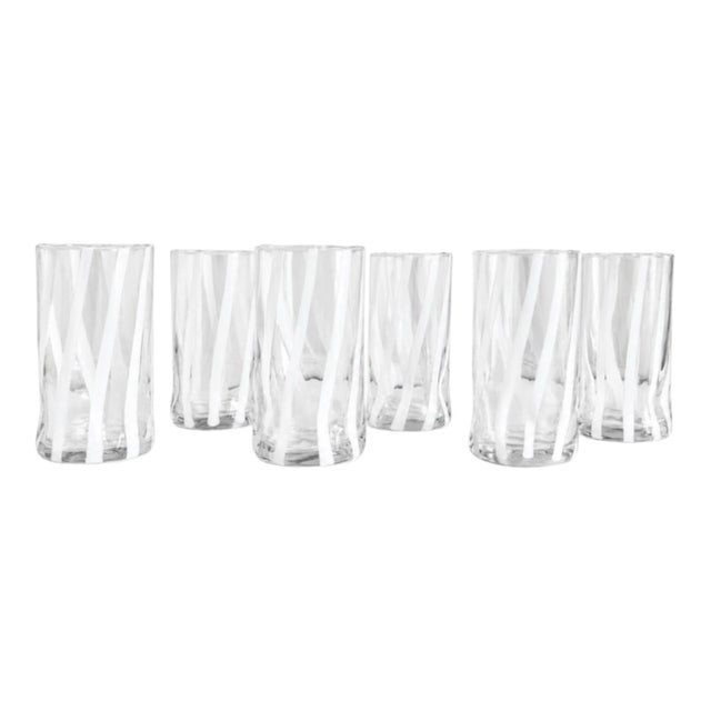 2020s White Stripe Scallop Rim Italian Murano Glass Tumblers - Set of 6 For Sale - Image 5 of 6