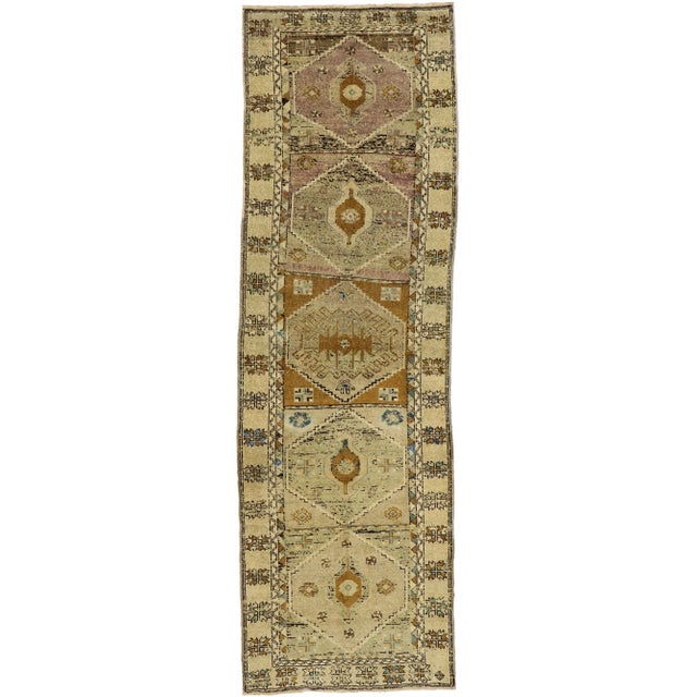 Mid 20th Century Vintage Turkish Oushak Runner 03'09 X 11'11 For Sale - Image 10 of 10