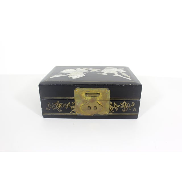 Japanese Vintage Black Lacquered Wood Jewelry Box With Inlaid Mother of Pearl Shell and Brass Details For Sale - Image 3 of 11