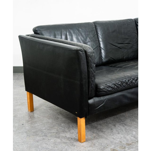 Mid Century Danish Modern Sofa Couch 3 Seater Leather Black Vintage Denmark MCM For Sale In Sacramento - Image 6 of 12