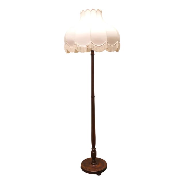 Beech Standard or Floor Lamp with Linen Shade, 1930s For Sale