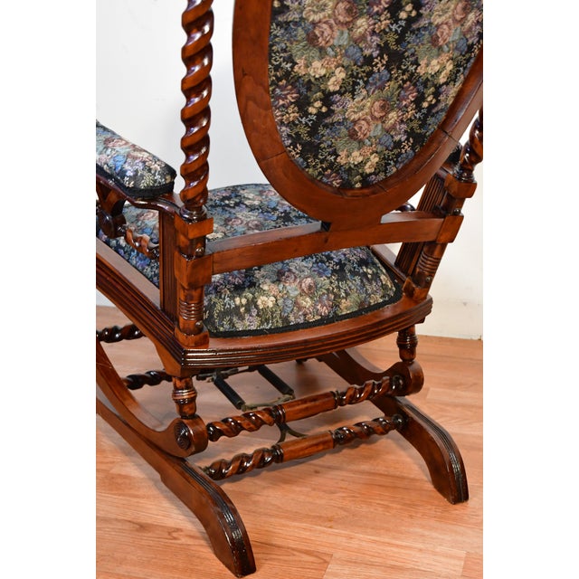 1870 Antique George Hunzinger Barley Twist Mahogany Rocking Chair New Upholstery For Sale - Image 11 of 13