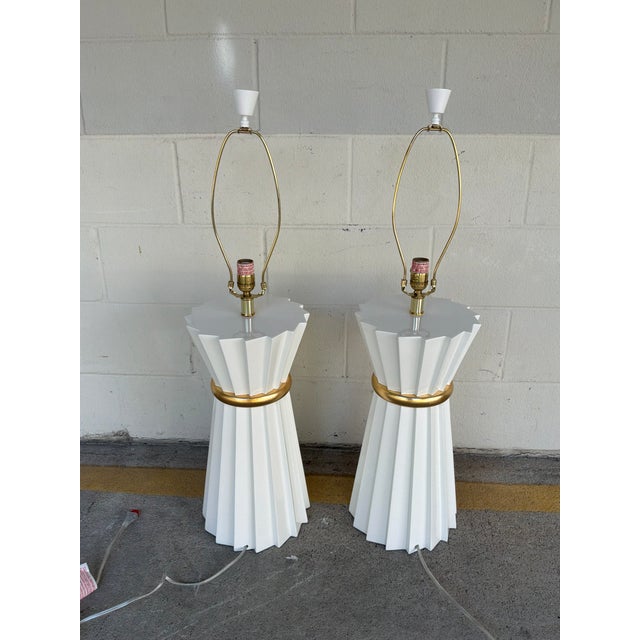 Currey & Co Cinched White Lacquer Lamps - Pair. For Sale In Atlanta - Image 6 of 6