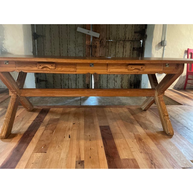 Mid 20th Century Vintage A. Brandt Oak 8-Foot Trestle Dining Table With Drawers For Sale - Image 5 of 9